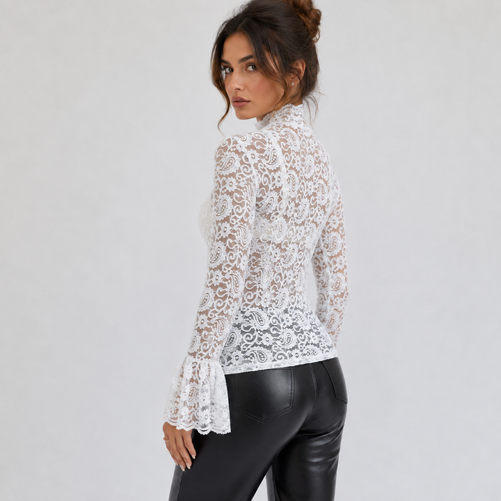 Women's High-Neck Sheer Lace Top - Long Sleeve Floral Shirt