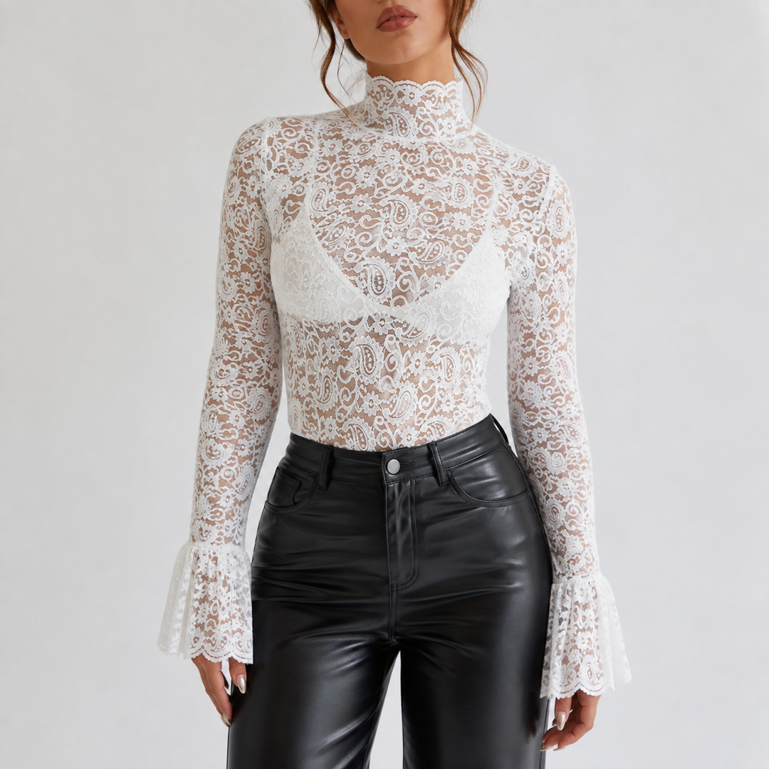 Women's High-Neck Sheer Lace Top - Long Sleeve Floral Shirt