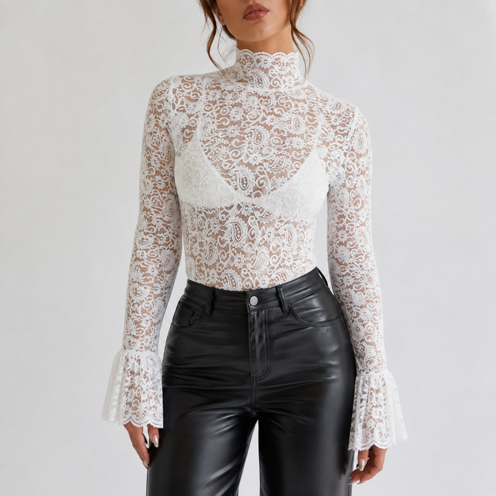 Women's High-Neck Sheer Lace Top - Long Sleeve Floral Shirt