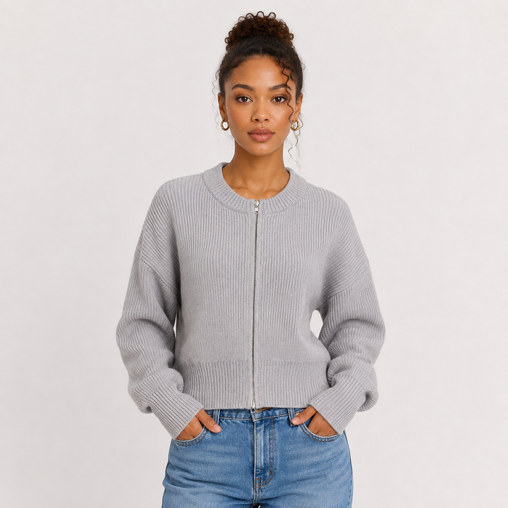 Women's Ribbed Knit Zip Front Cardigan - Fitted Sweater Top