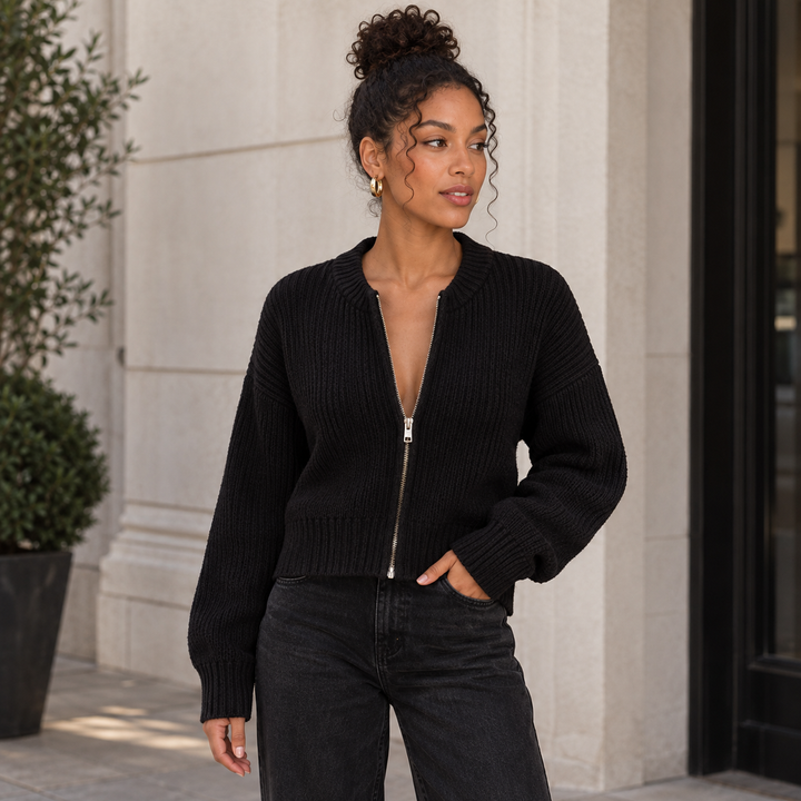 Women's Ribbed Knit Zip Front Cardigan - Fitted Sweater Top