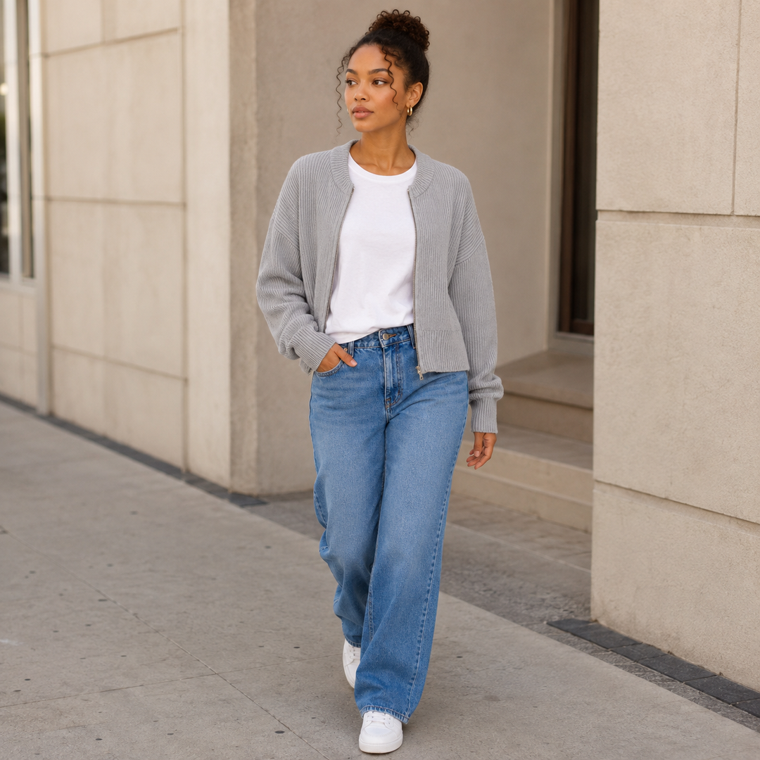 Women's Ribbed Knit Zip Front Cardigan - Fitted Sweater Top