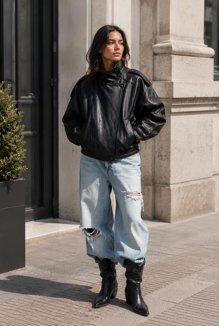 Women's Relaxed Fit Faux Leather Bomber - Zip Up Moto Jacket