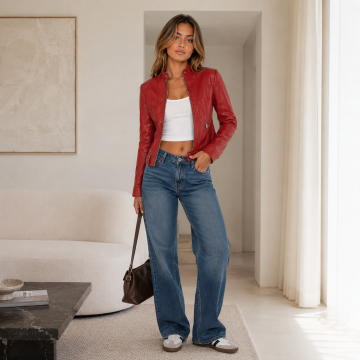 Women's Vegan Leather Crop Moto Jacket - Short Biker Jacket