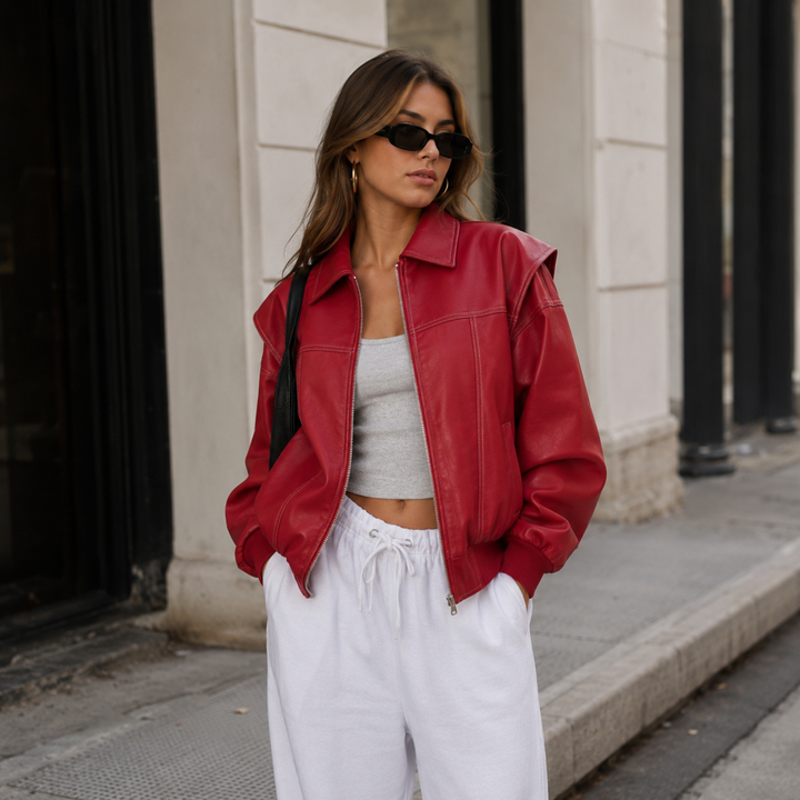 Bask Women's Oversized Red Leather Bomber Jacket - Flight Coat