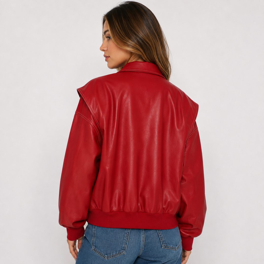 Bask Women's Oversized Red Leather Bomber Jacket - Flight Coat