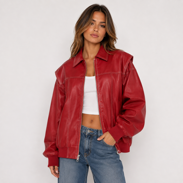 Bask Women's Oversized Red Leather Bomber Jacket - Flight Coat
