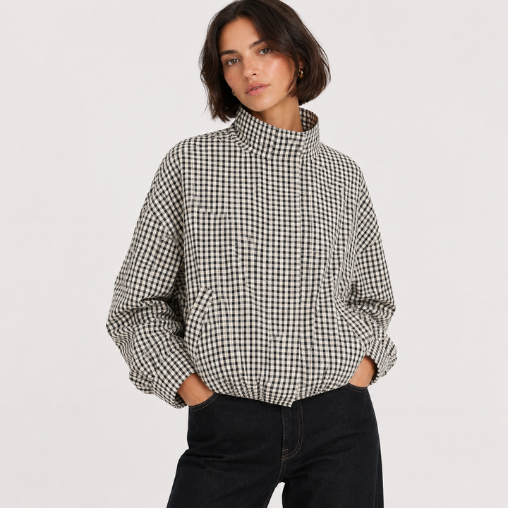 Women's Plaid High Neck Bomber Jacket - Fall Zip-Up Coat