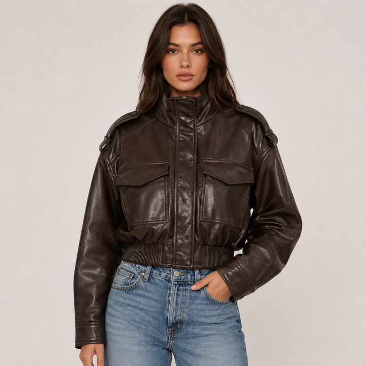 Women's Faux Leather Moto Bomber Jacket - Zip Biker Flight Coat