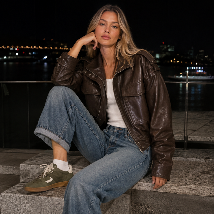 Women's Faux Leather Moto Bomber Jacket - Zip Biker Flight Coat
