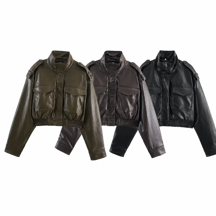 Women's Faux Leather Moto Bomber Jacket - Zip Biker Flight Coat