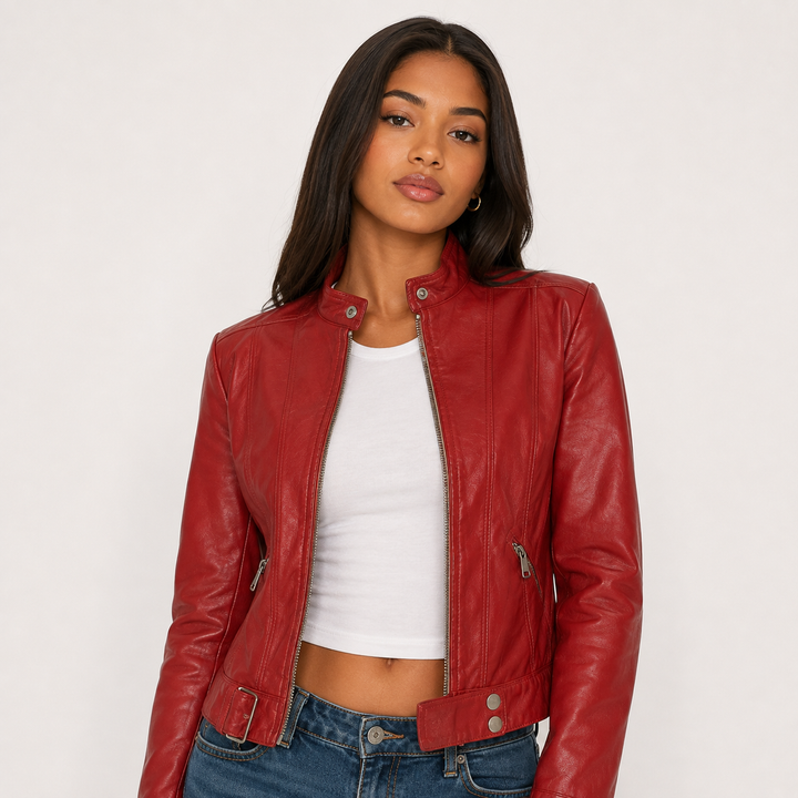 Women's Vegan Leather Crop Moto Jacket - Short Biker Jacket