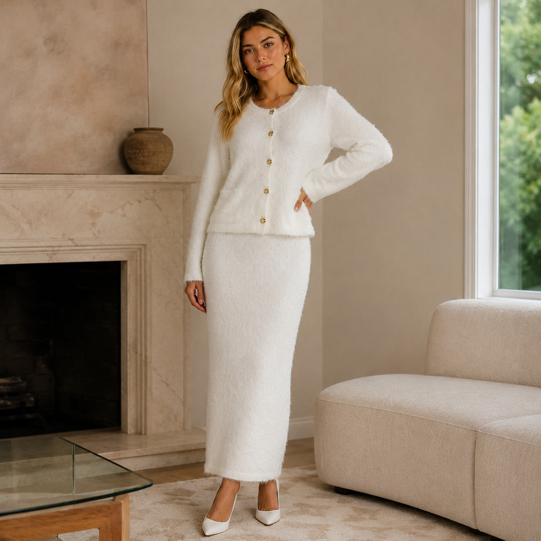 Women's Fuzzy Knit Cardigan & Midi Skirt Set - 2-Piece Outfit