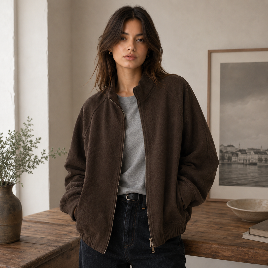 Women's Wool Blend Oversized Bomber Jacket - Warm Zip Coat