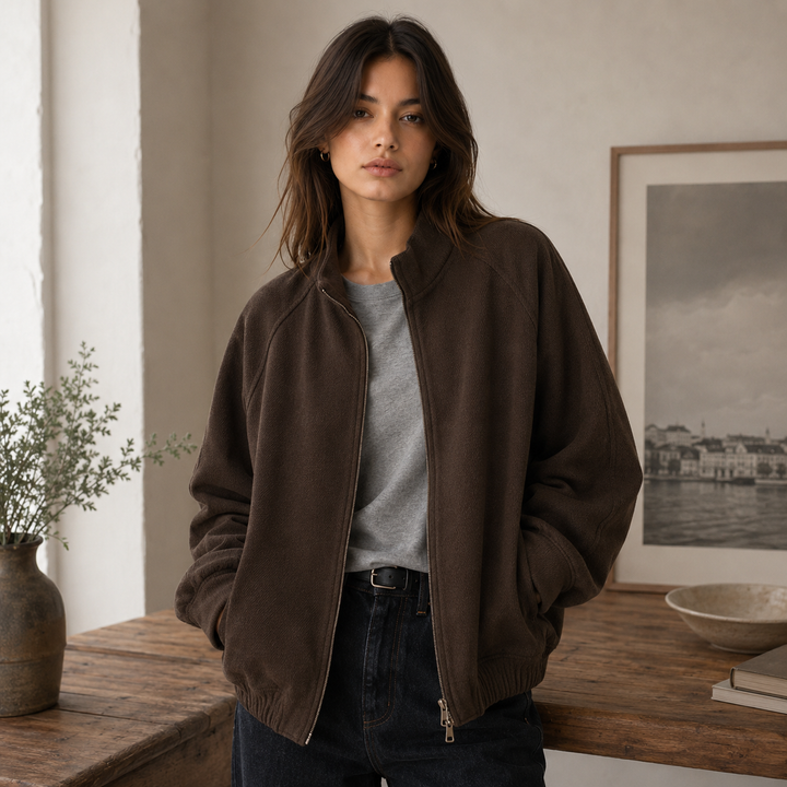 Women's Wool Blend Oversized Bomber Jacket - Warm Zip Coat