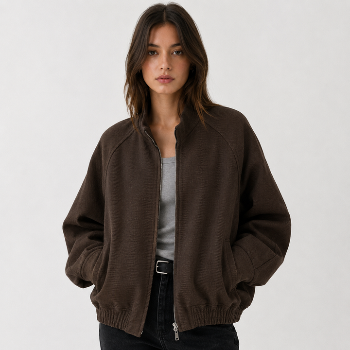 Women's Wool Blend Oversized Bomber Jacket - Warm Zip Coat