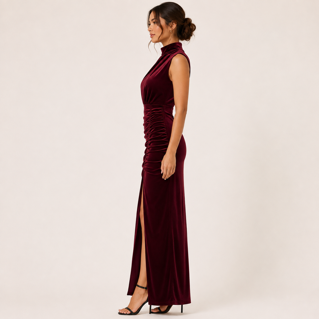 Nox | Burgundy Wine Velvet Ruched Wrap Maxi Dress