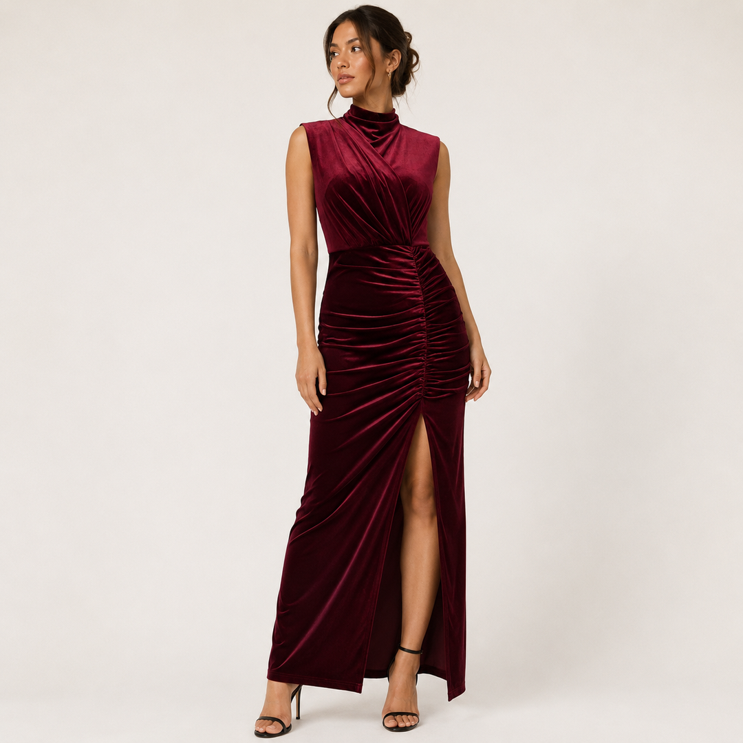 Nox | Burgundy Wine Velvet Ruched Wrap Maxi Dress