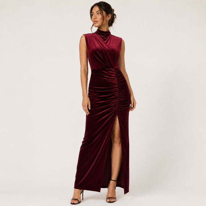 Nox | Burgundy Wine Velvet Ruched Wrap Maxi Dress