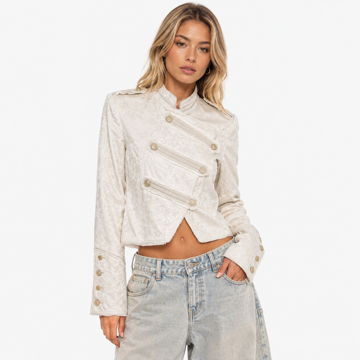 Women's Cream Jacquard Military Jacket - Cropped Button Coat