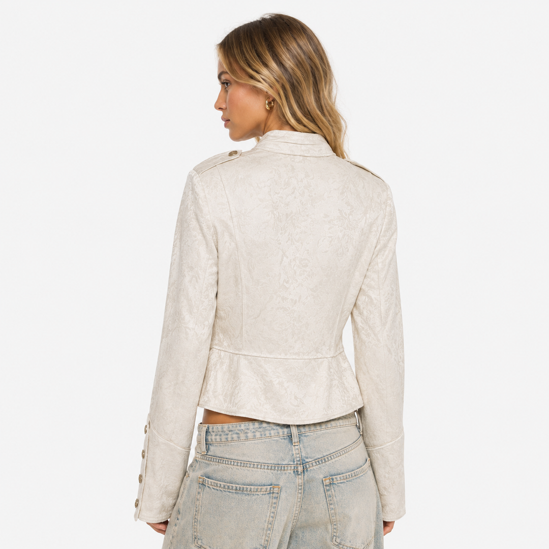 Women's Cream Jacquard Military Jacket - Cropped Button Coat
