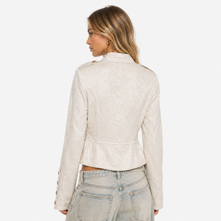 Women's Cream Jacquard Military Jacket - Cropped Button Coat