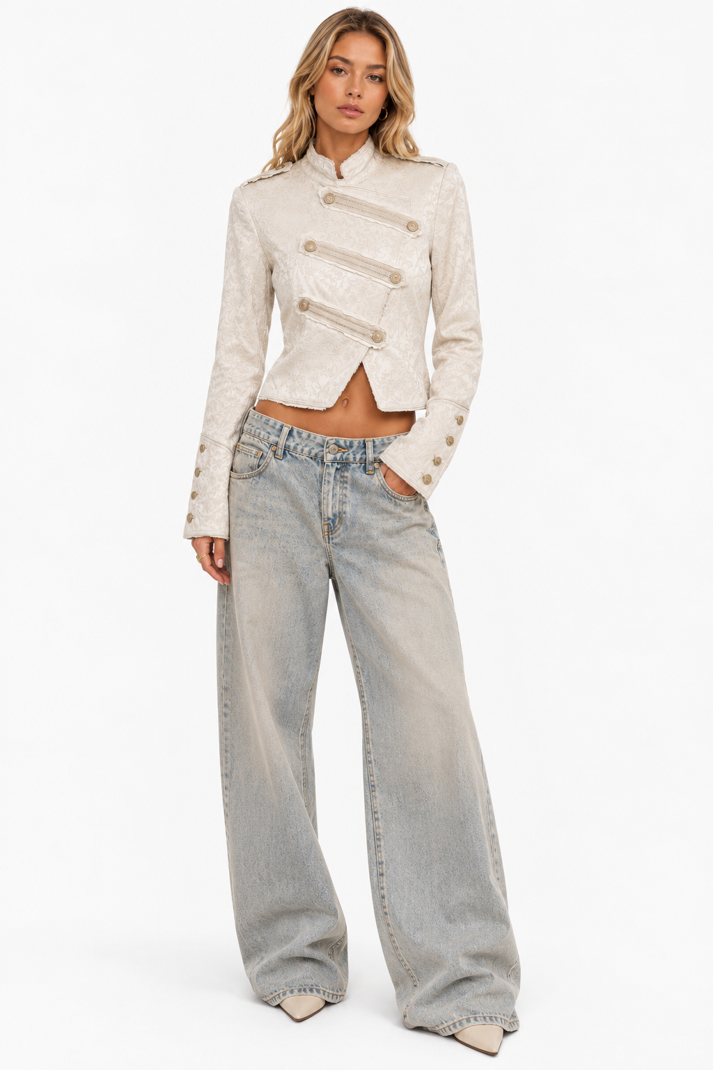 Women's Cream Jacquard Military Jacket - Cropped Button Coat