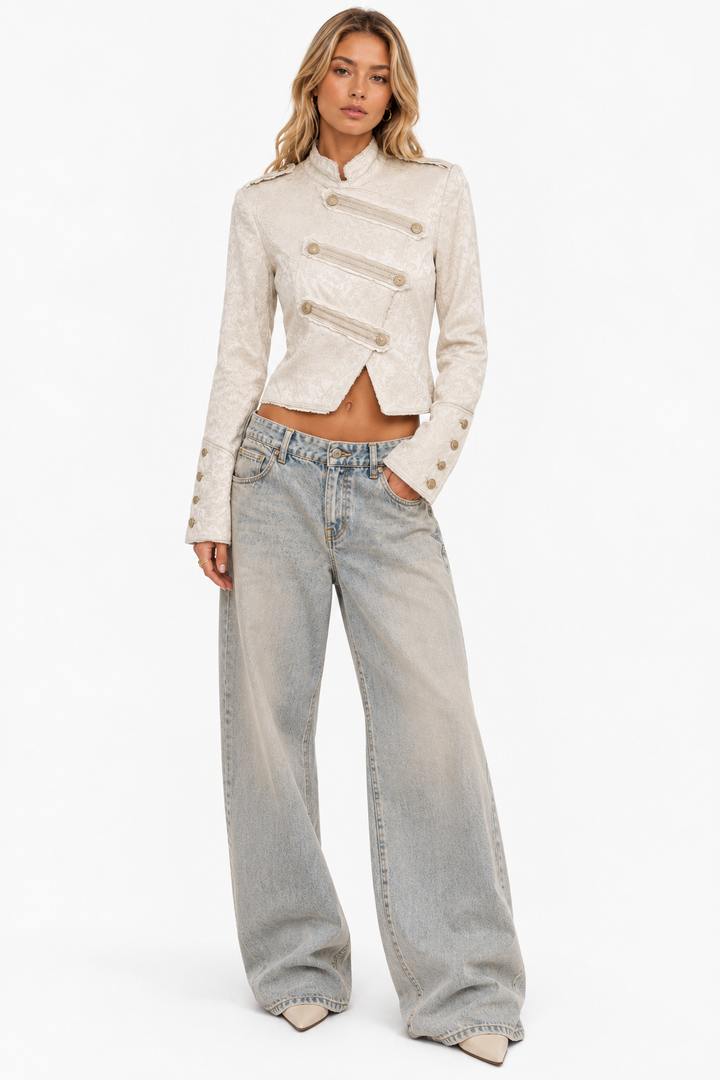 Women's Cream Jacquard Military Jacket - Cropped Button Coat