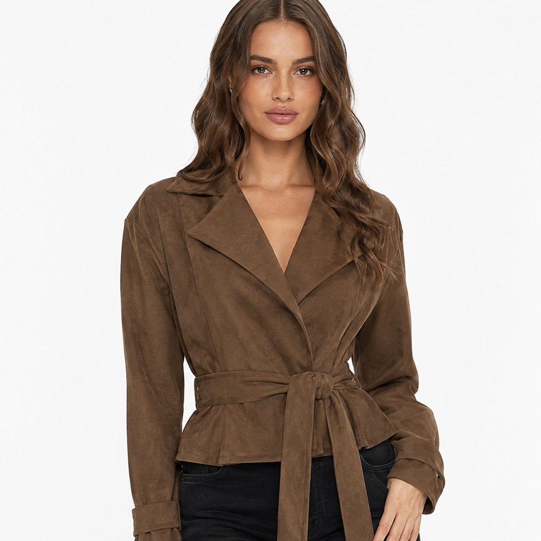Women's Brown Suede Peplum Belted Jacket - Fitted Moto Coat
