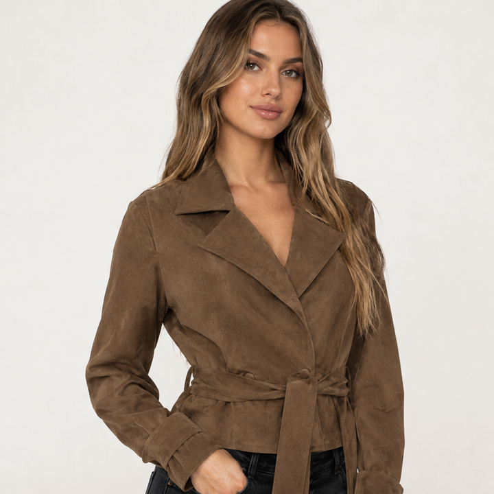 Women's Brown Suede Peplum Belted Jacket - Fitted Moto Coat