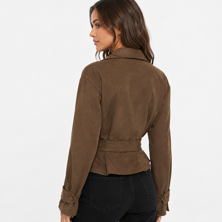 Women's Brown Suede Peplum Belted Jacket - Fitted Moto Coat