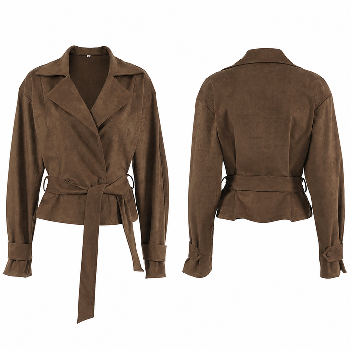 Women's Brown Suede Peplum Belted Jacket - Fitted Moto Coat