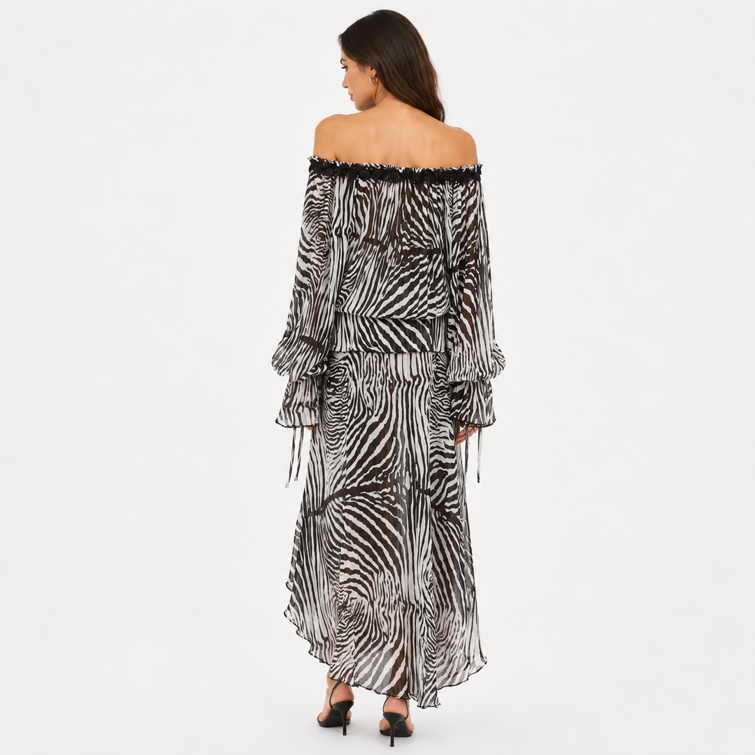 Zane | Zebra Print Ruffle Top & Maxi Skirt Set