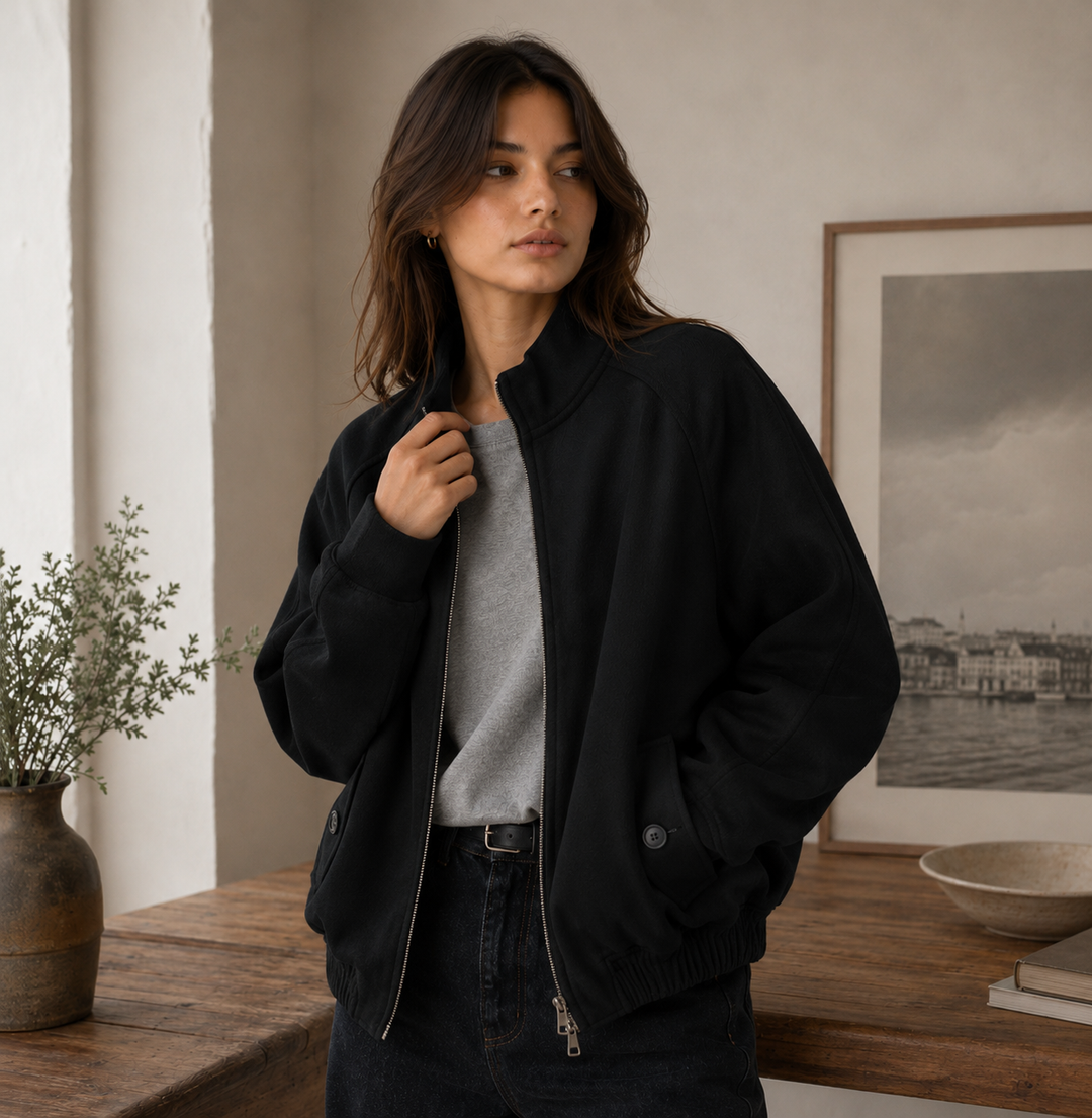 Women's Wool Blend Oversized Bomber Jacket - Warm Zip Coat
