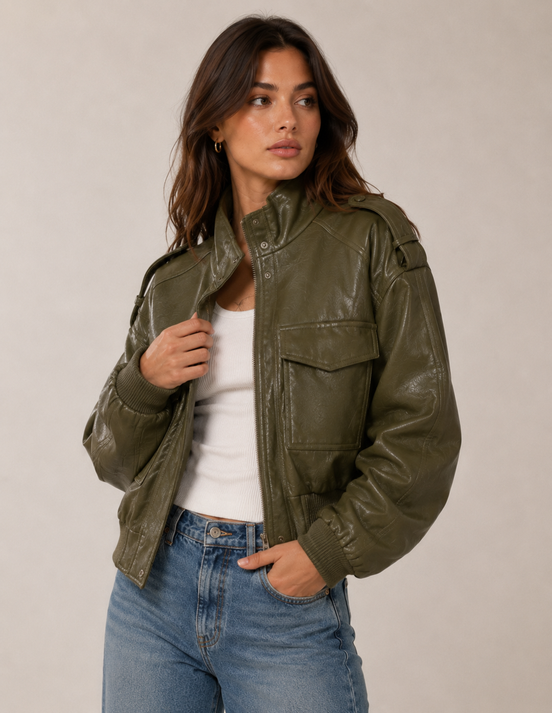 Women's Faux Leather Moto Bomber Jacket - Zip Biker Flight Coat