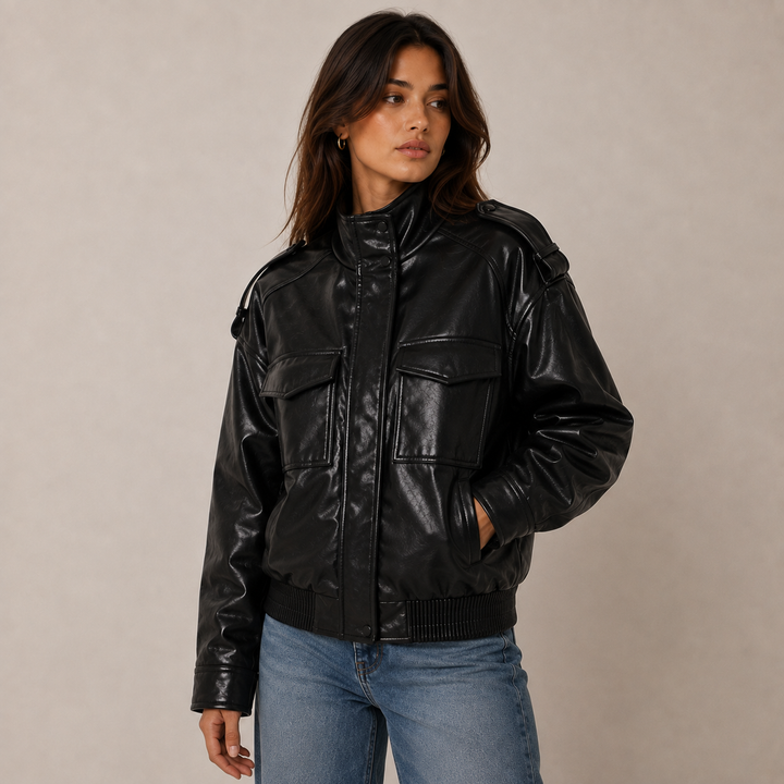 Women's Faux Leather Moto Bomber Jacket - Zip Biker Flight Coat