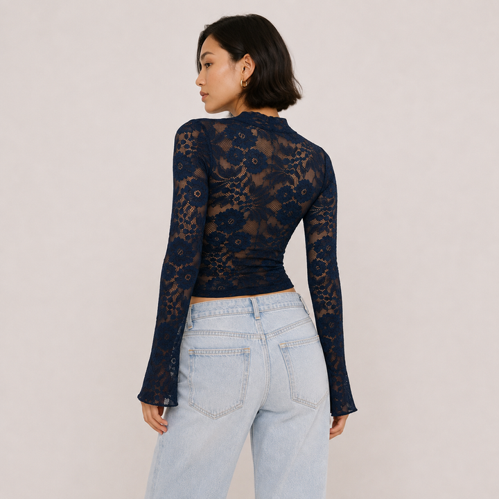 Liv | Navy Blue Sheer Lace Long Sleeve Top