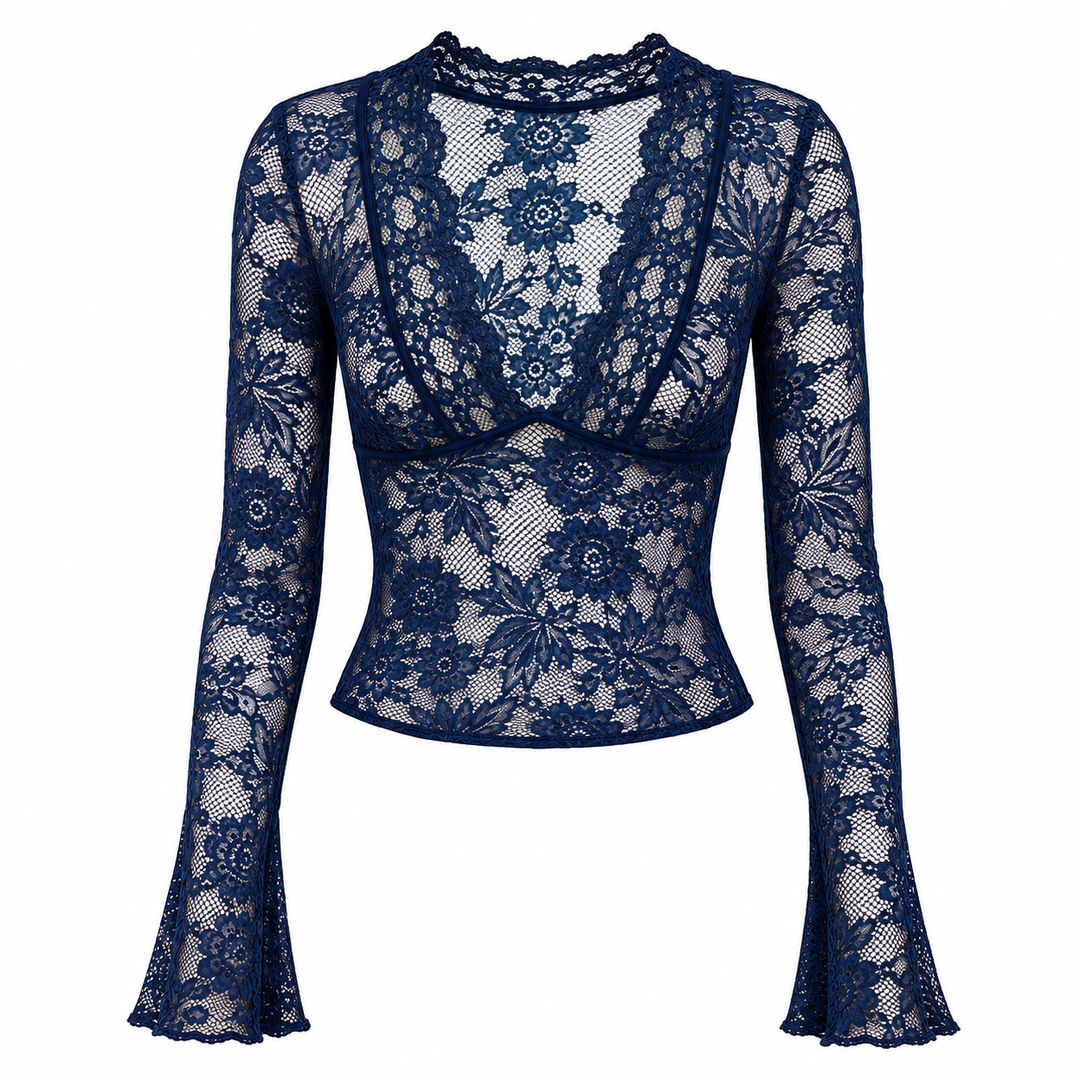 Liv | Navy Blue Sheer Lace Long Sleeve Top