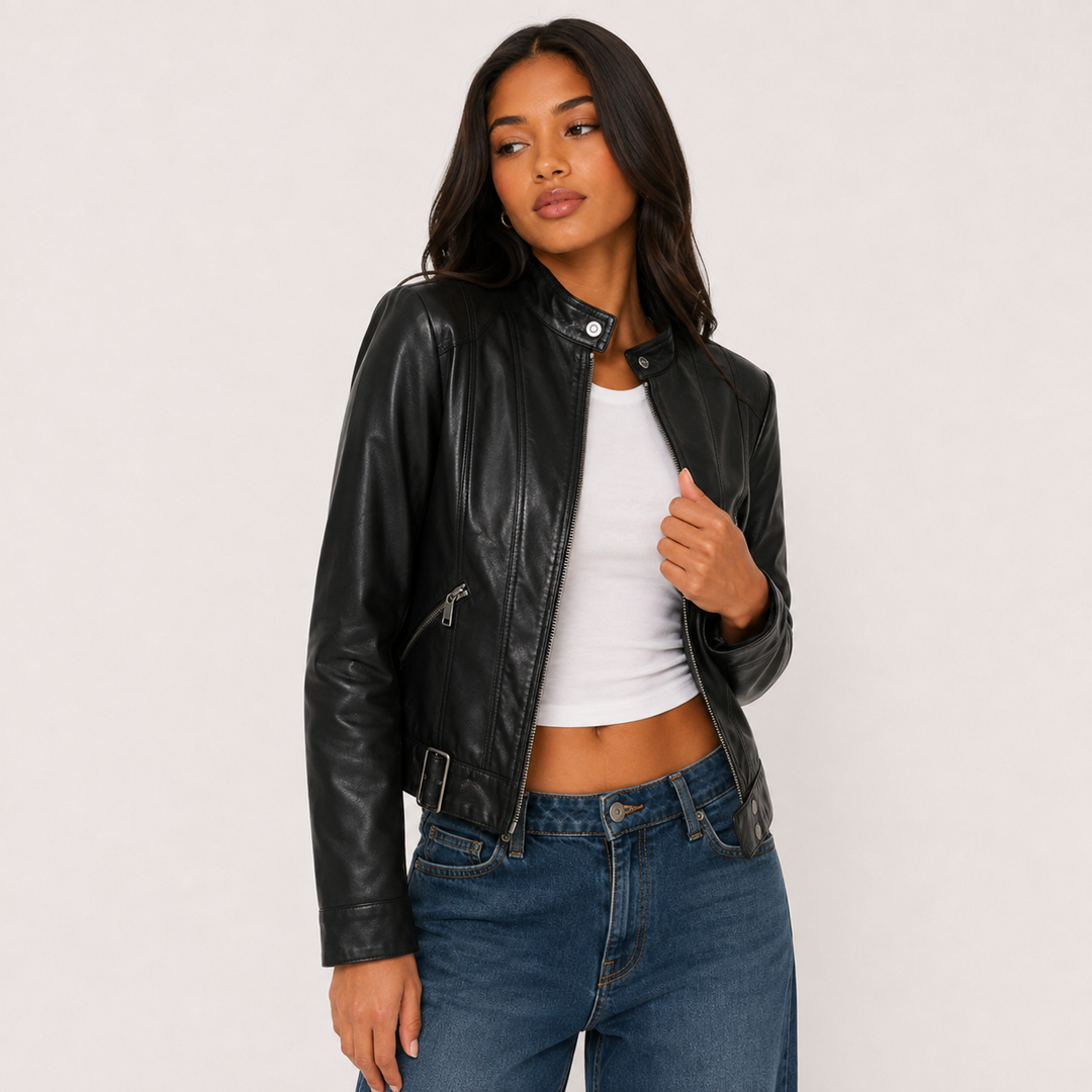 Women's Vegan Leather Crop Moto Jacket - Short Biker Jacket