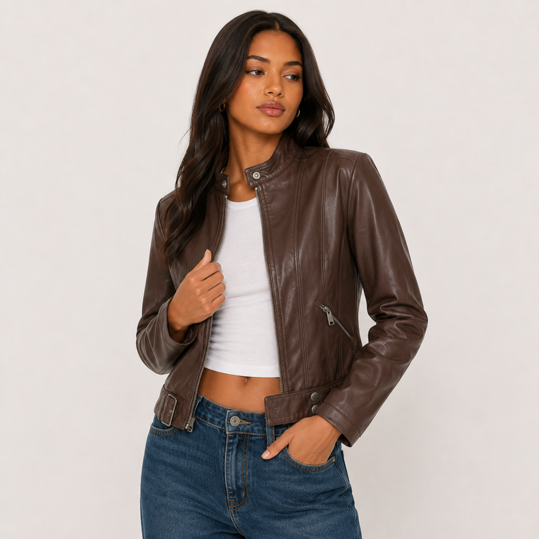 Women's Vegan Leather Crop Moto Jacket - Short Biker Jacket