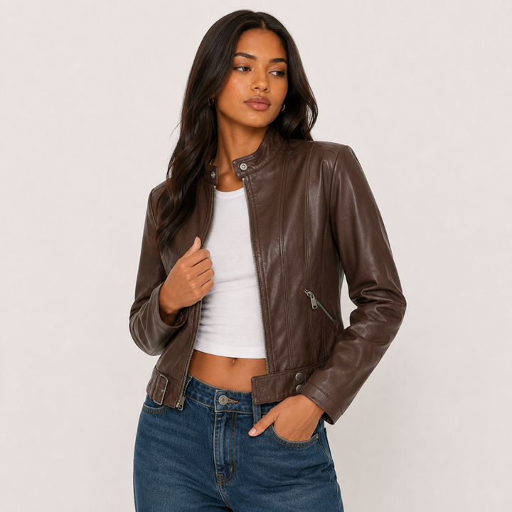Women's Vegan Leather Crop Moto Jacket - Short Biker Jacket