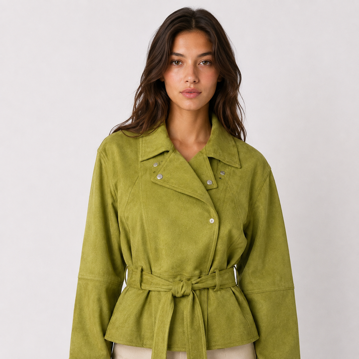 Women's Olive Green Suede Belted Jacket