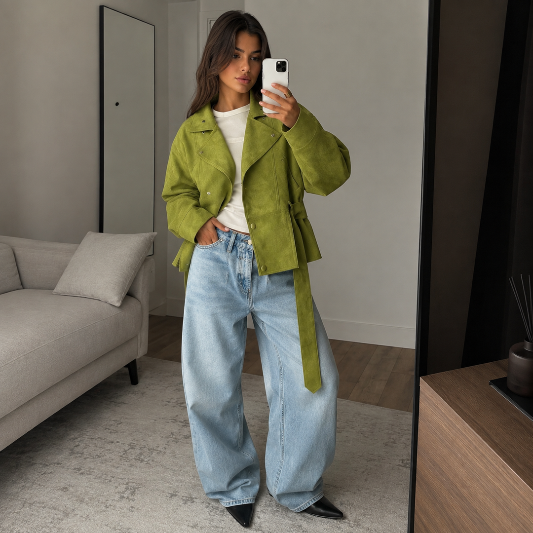 Women's Olive Green Suede Belted Jacket