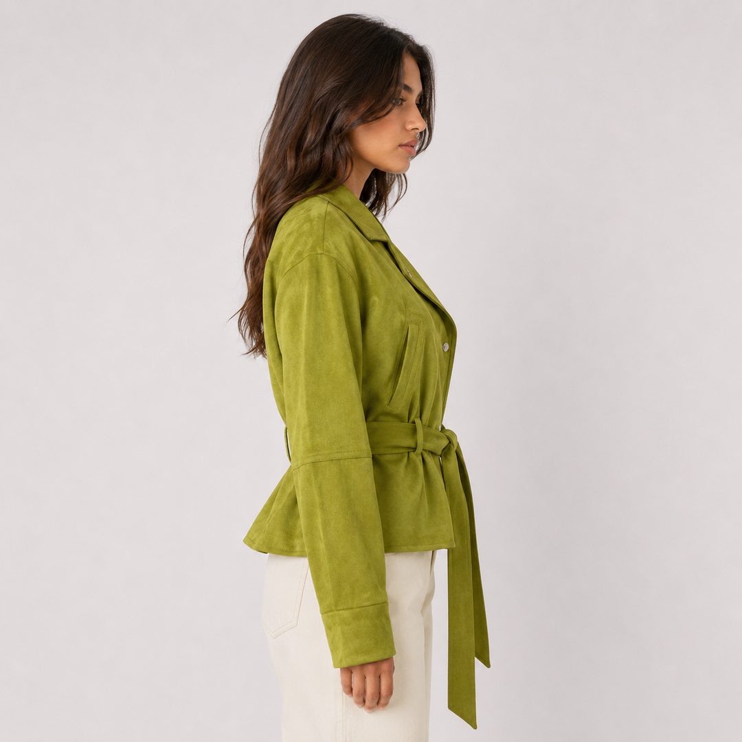 Women's Olive Green Suede Belted Jacket