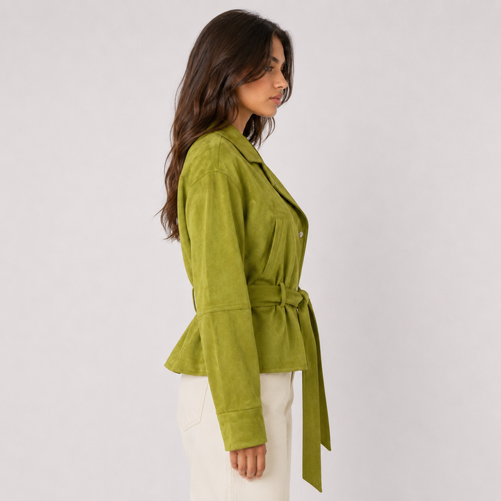 Women's Olive Green Suede Belted Jacket