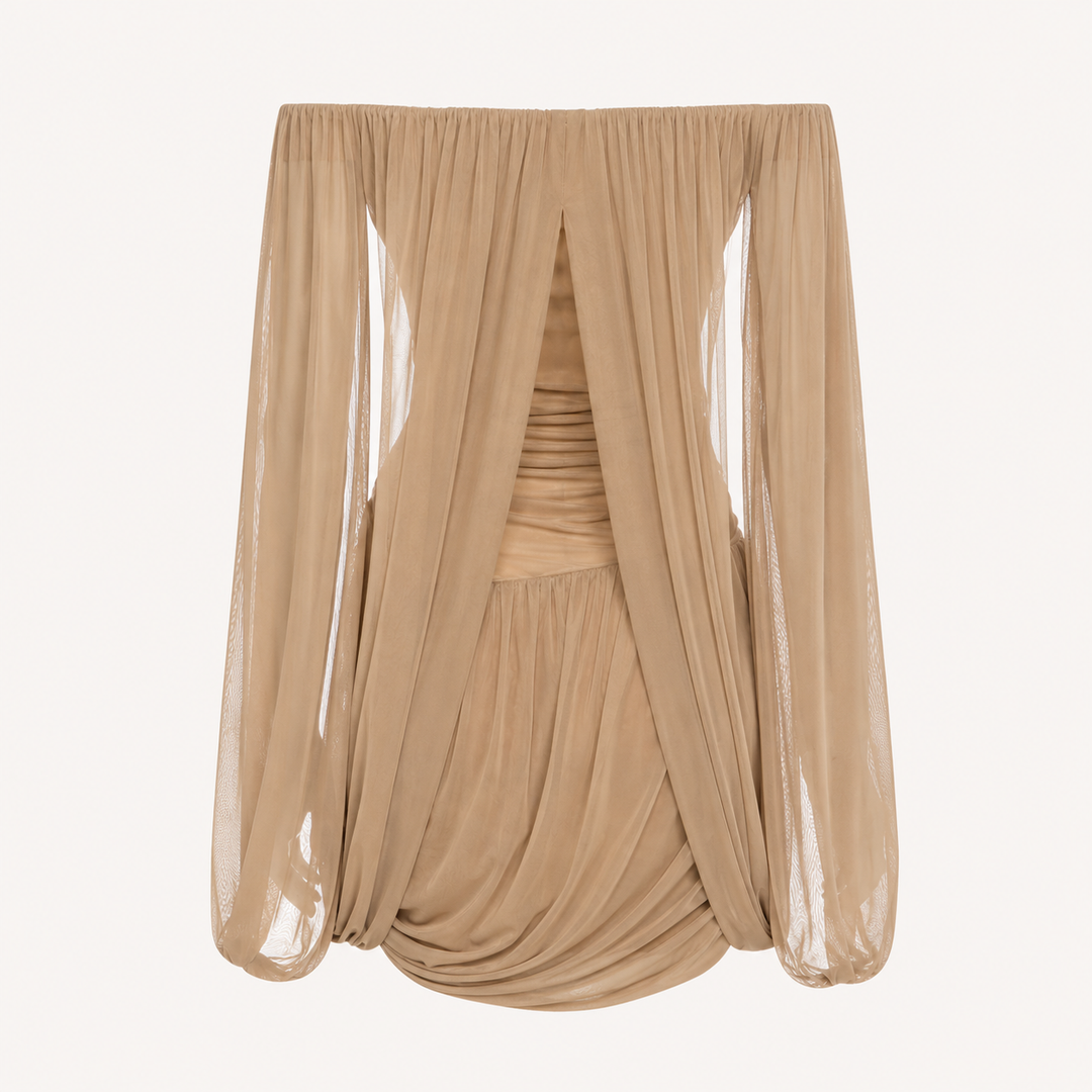 Whirl | Khaki Ruched Off-Shoulder Mini Dress