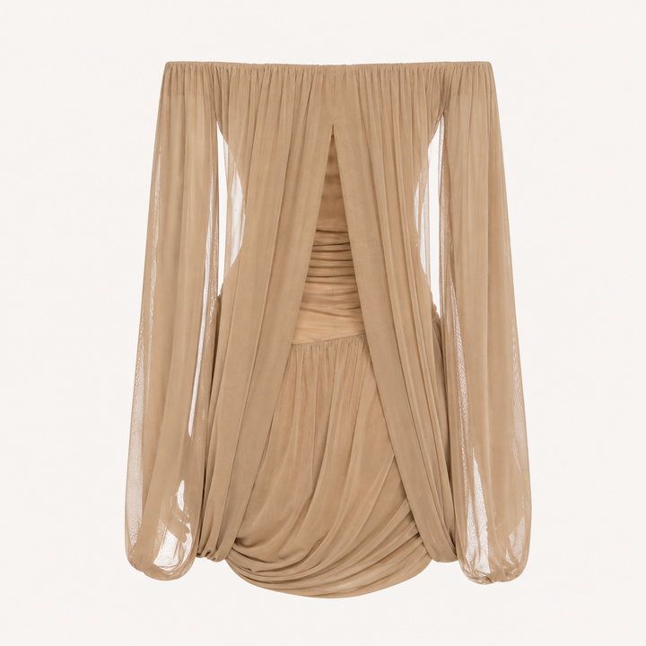 Whirl | Khaki Ruched Off-Shoulder Mini Dress