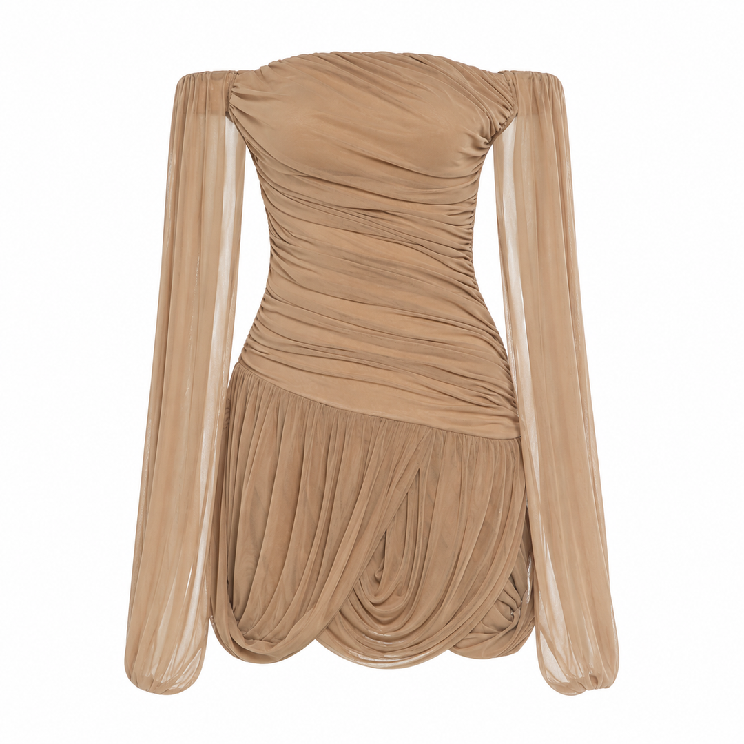 Whirl | Khaki Ruched Off-Shoulder Mini Dress