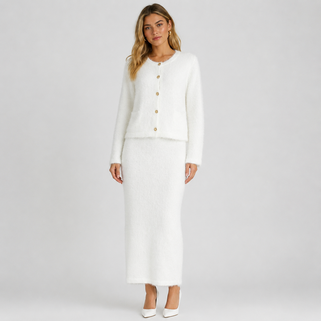 Women's Fuzzy Knit Cardigan & Midi Skirt Set - 2-Piece Outfit