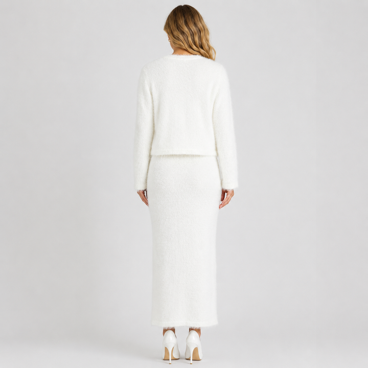 Women's Fuzzy Knit Cardigan & Midi Skirt Set - 2-Piece Outfit